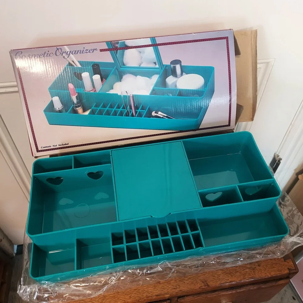 Vintage Kmart Teal Blue Cosmetic Organizer Mirror Heart Cutouts 90s Vanity Tray